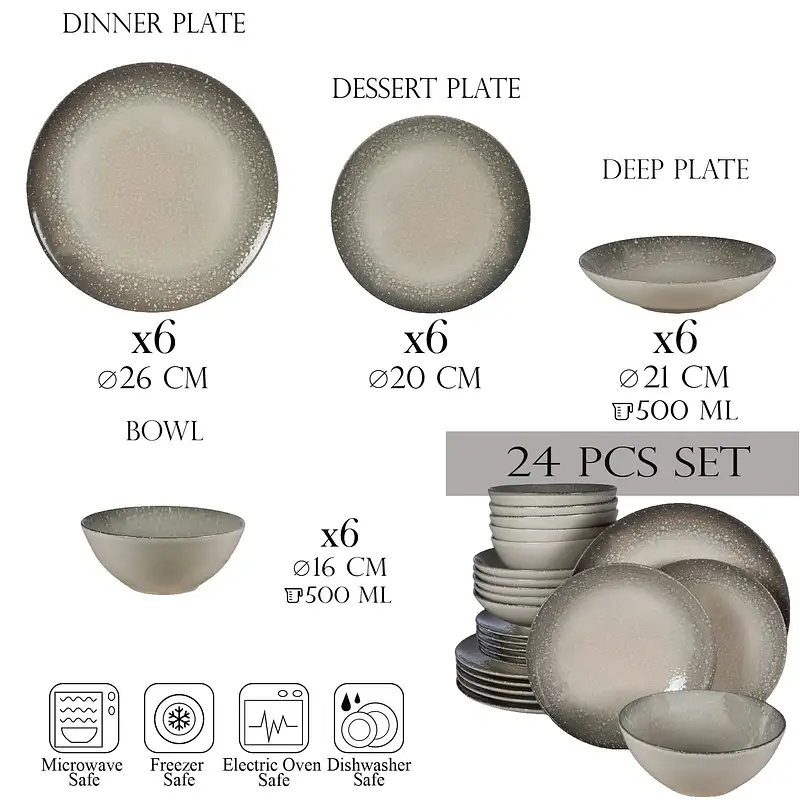 Set farfurii 24 piese, 6 persoane, Stone, Cesiro, Alb Ivoire/gri - Master