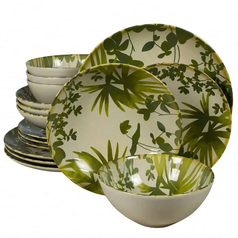 Set farfurii 16 piese, 4 persoane, Hawaii, Alb ivoire, frunze verzi - Master