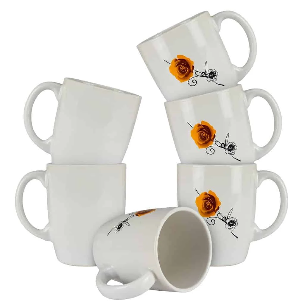 Set of 6 glossy white mugs with yellow rose, 300 ml - Master