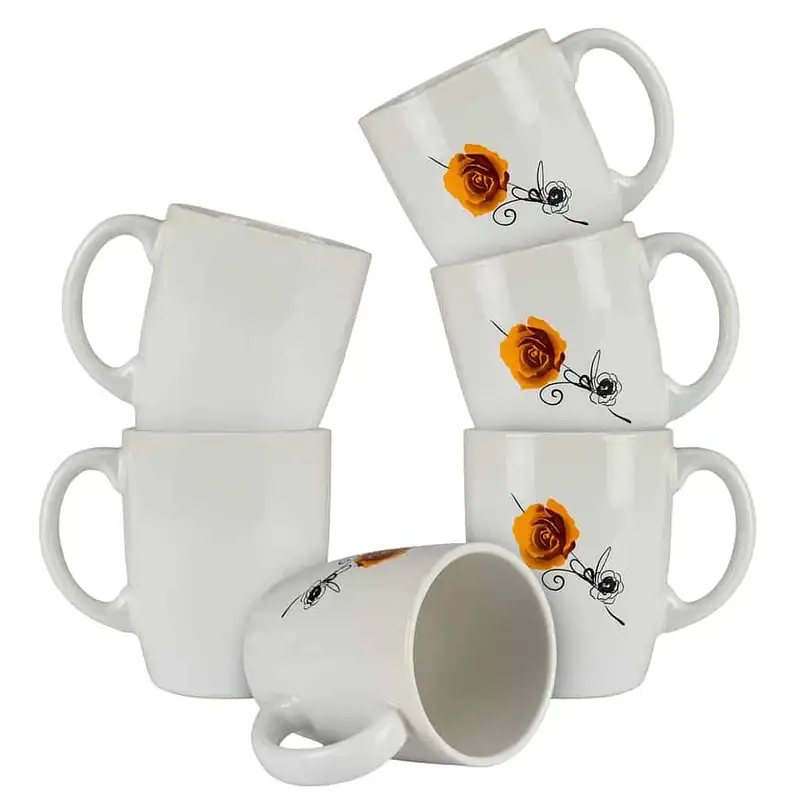 Set of 6 glossy white mugs with yellow rose, 300 ml - Master