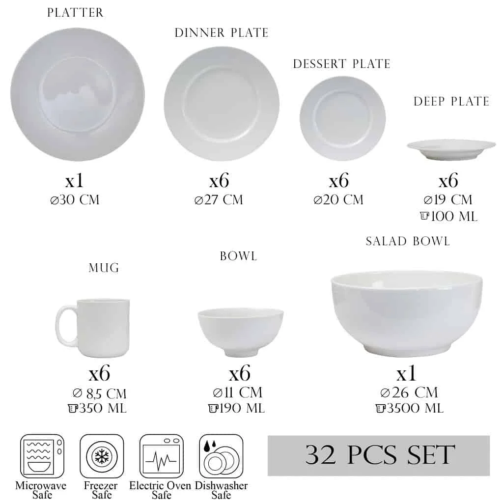 Set farfurii 32 piese, 6 persoane, Polul Nord, Porțelan, Alb - Master