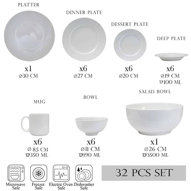 Set farfurii 32 piese, 6 persoane, Polul Nord, Porțelan, Alb - Master