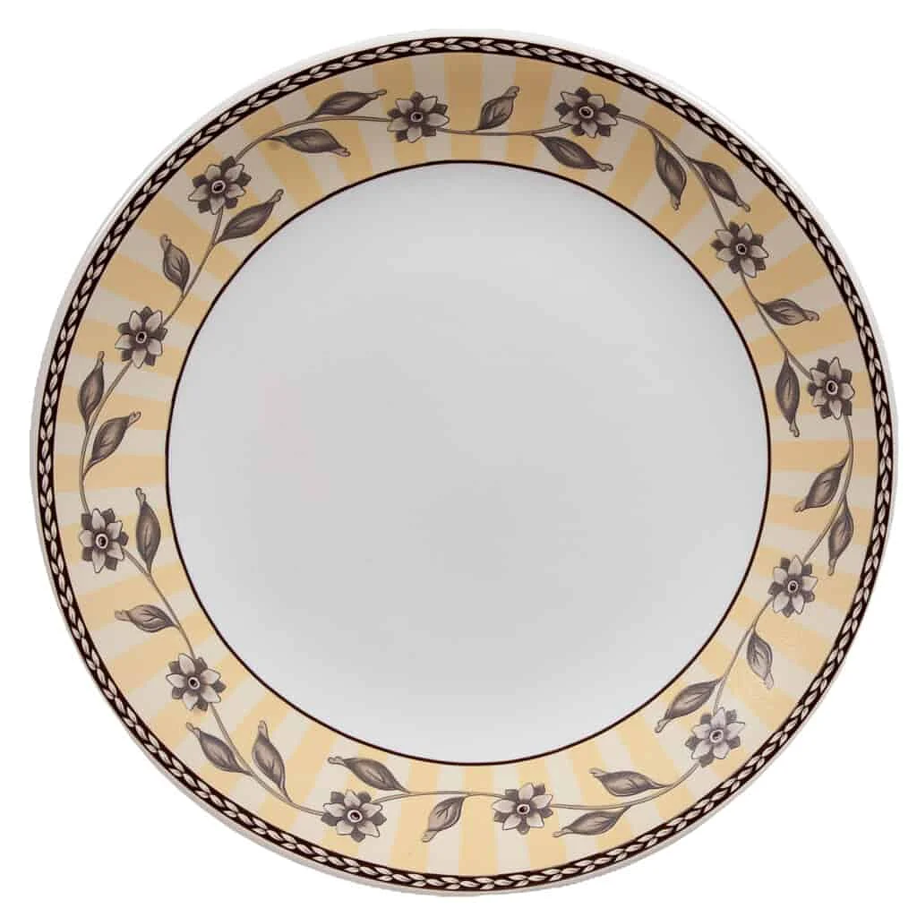 Farfurie de desert cu frunze si flori, 19,5 cm, Alb Pur, Banda Maro - Master