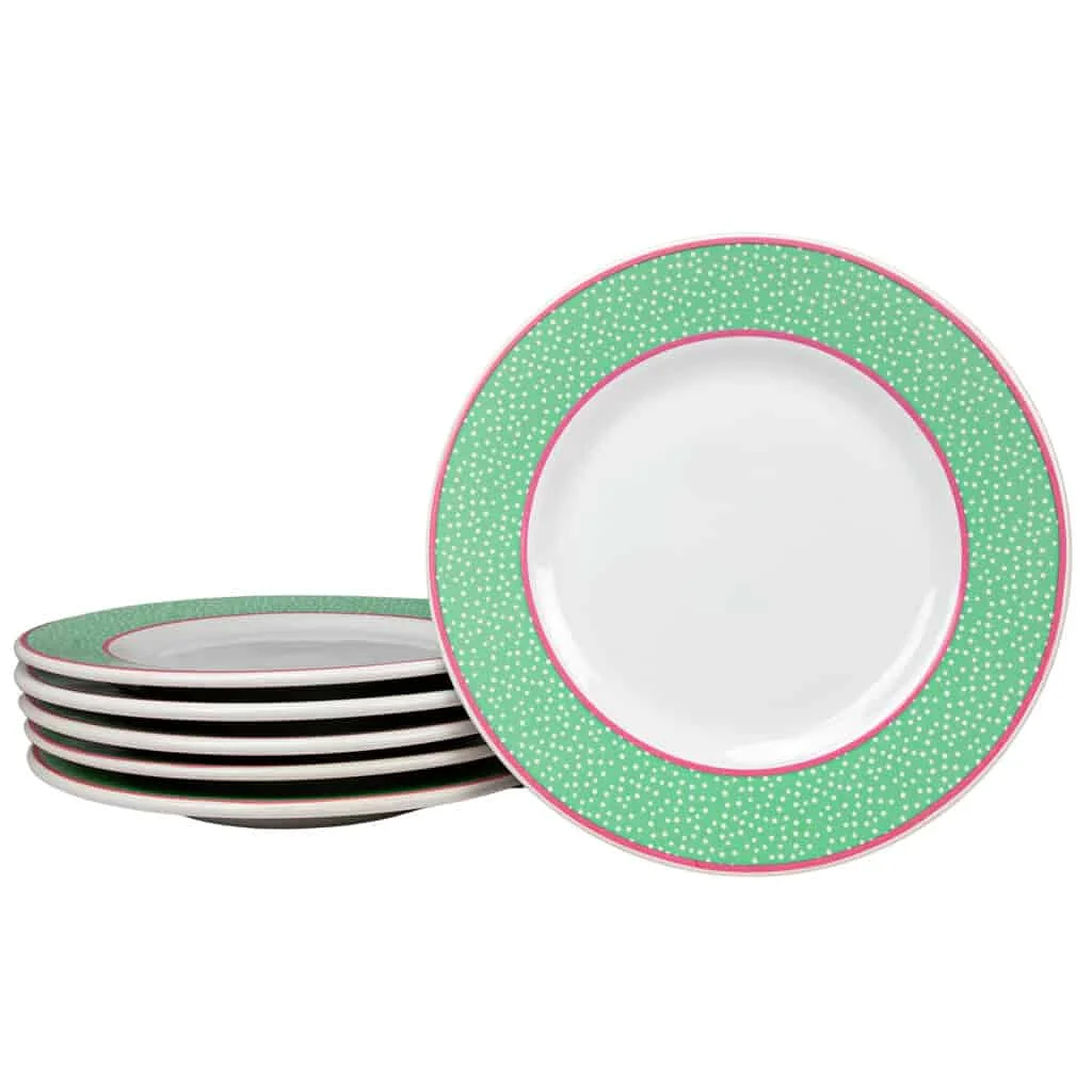 Set 6 farfurii albe pentru desert cu dungi verzi, roz si albe, 20 cm - Master