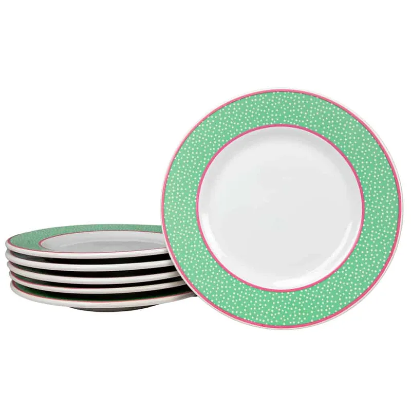 Set 6 farfurii albe pentru desert cu dungi verzi, roz si albe, 20 cm - Master