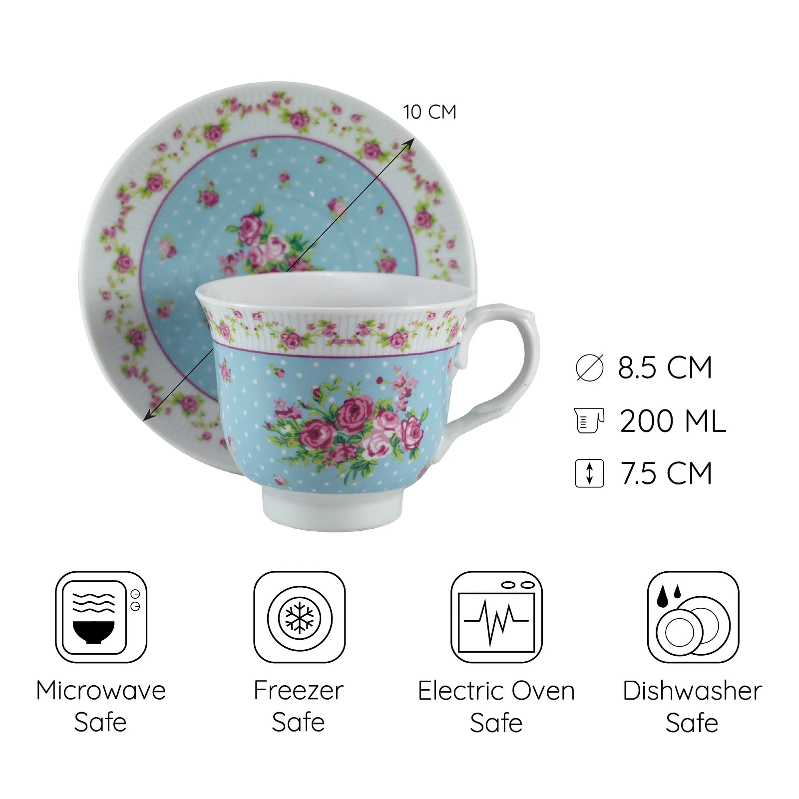 Set 6 Tassen, 200 ml, Weiß mit floralem Design - Master