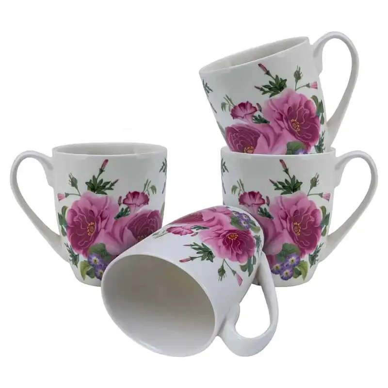 Set 4 cești Alb cu flori roz, 280 ml - Master