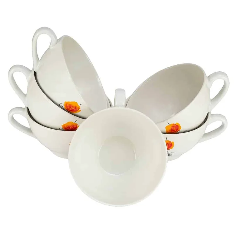 Set 6 cani jumbo 700 ml, Alb Lucios cu trandafir galben - Master