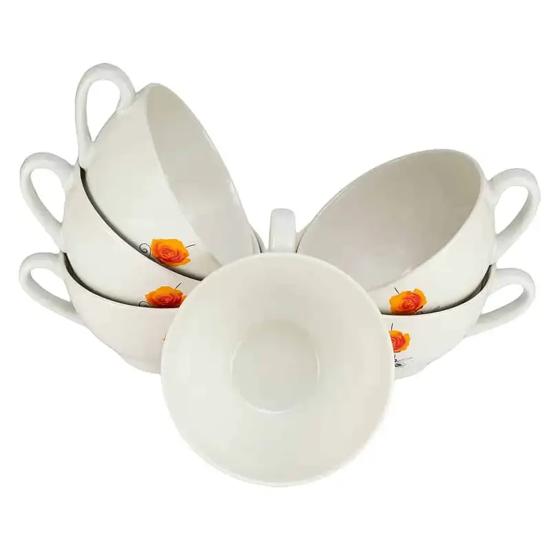 Set 6 cani jumbo 700 ml, Alb Lucios cu trandafir galben - Master