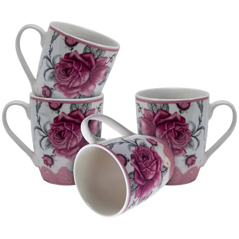 Set of 4 cups 280 ml White with pink rose - Master