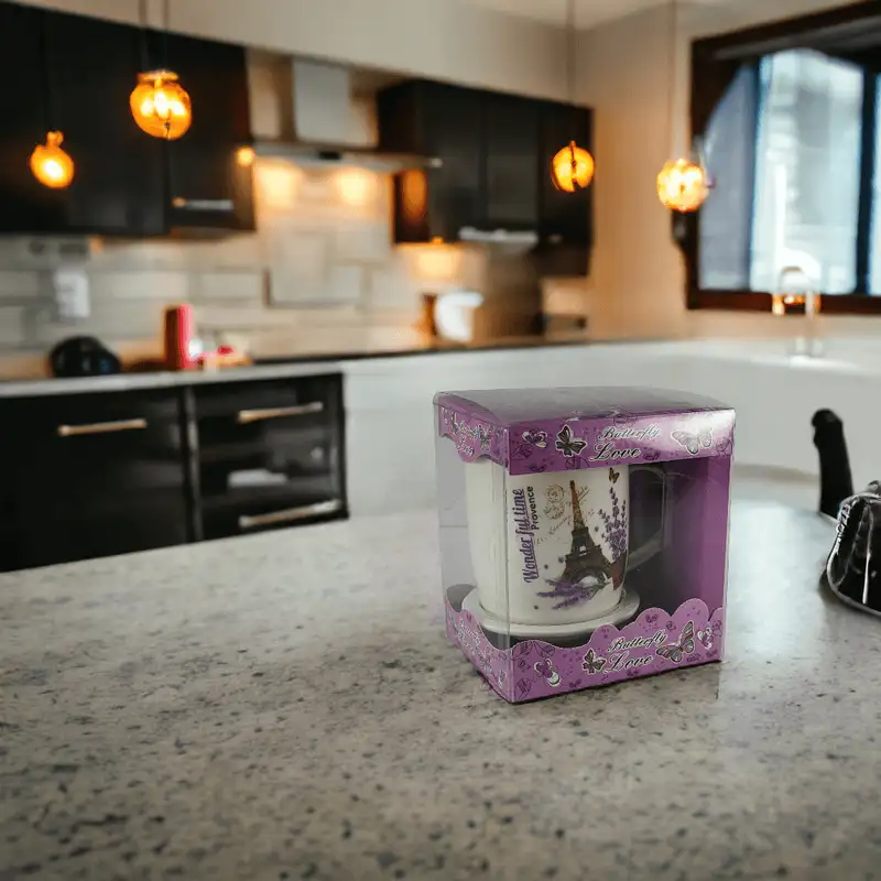 Mug with saucer and spoon 350 ml, White with Paris design - Master