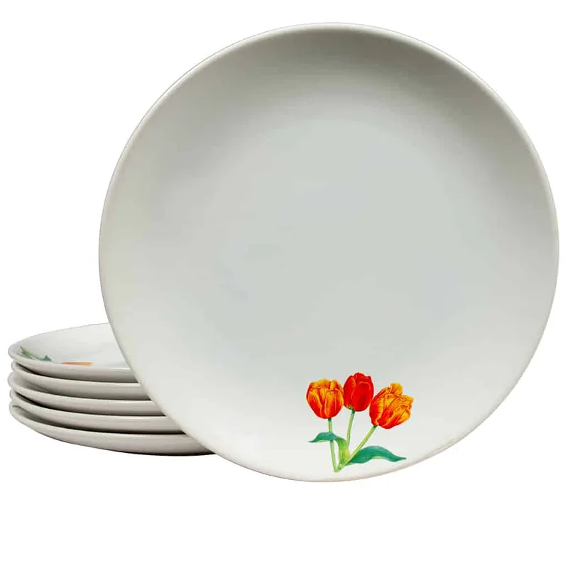 Set 6 farfurii plate 26 cm, Pure White cu decor cu trei lalele - Master