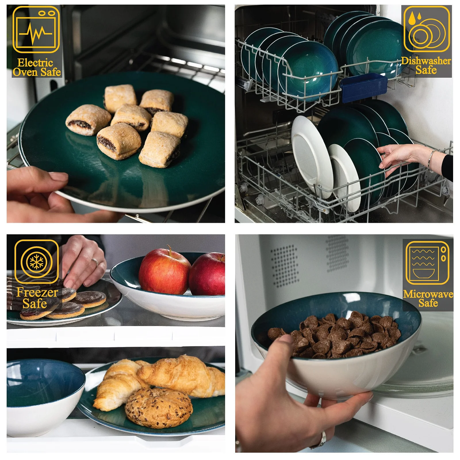 16-piece plate set, for 4 persons, Deep Water, Ivory white with dark turquoise - Master