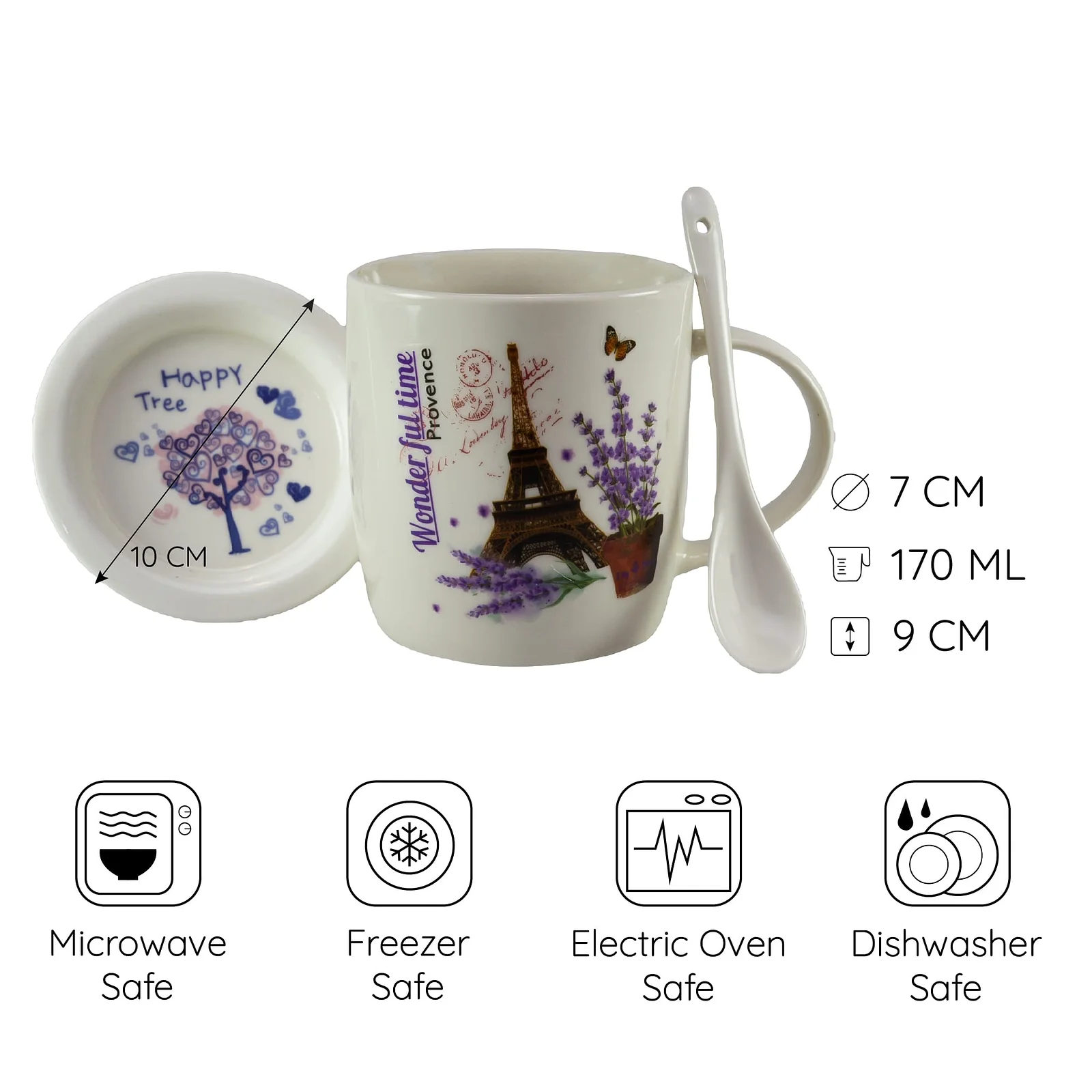 Cana cu farfurie si lingura 350 ml, Alba cu design Paris - Master