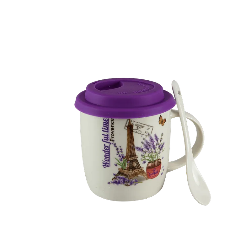 Mug with lid and spoon, 170 ml, White with Paris design - Master
