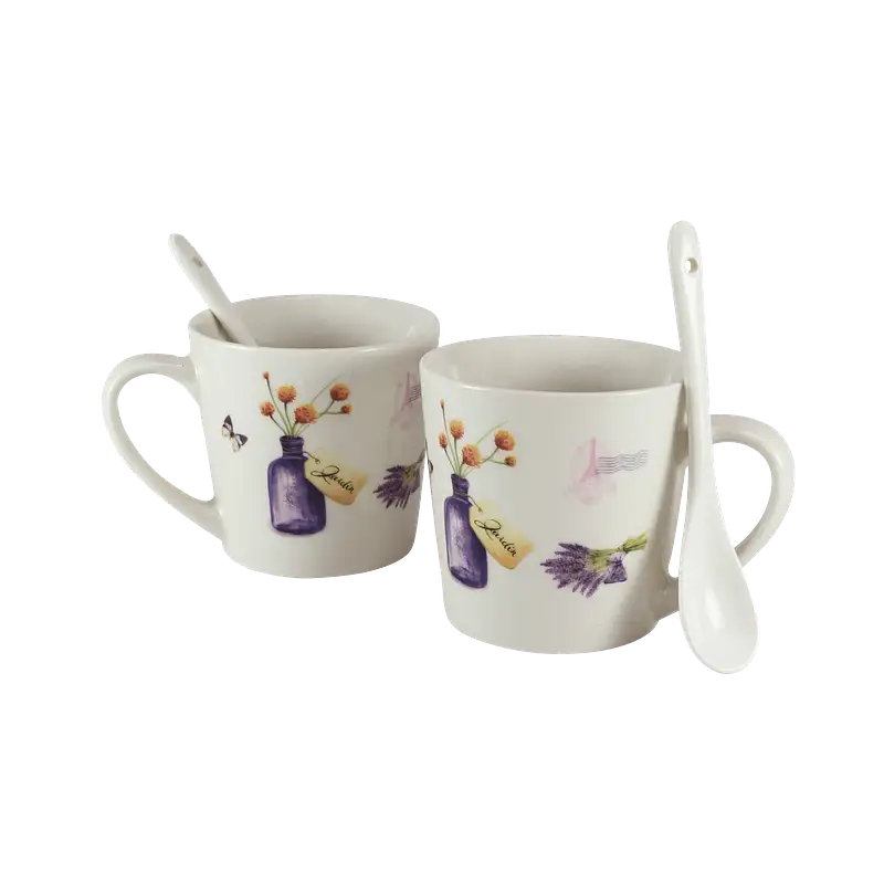 Set doua cești 170 ml, Alb cu vaza si lavanda - Master