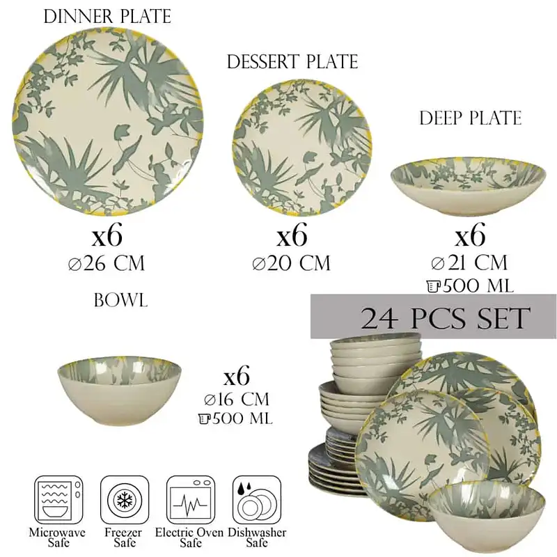 Set farfurii 24 piese, 4 persoane, Hawaii, Alb ivoire, frunze gri - Master