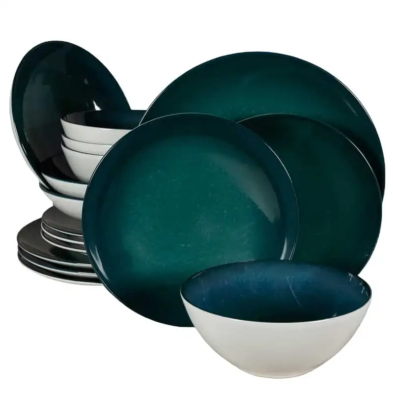 16-piece plate set, for 4 persons, Deep Water, Ivory white with dark turquoise - Master