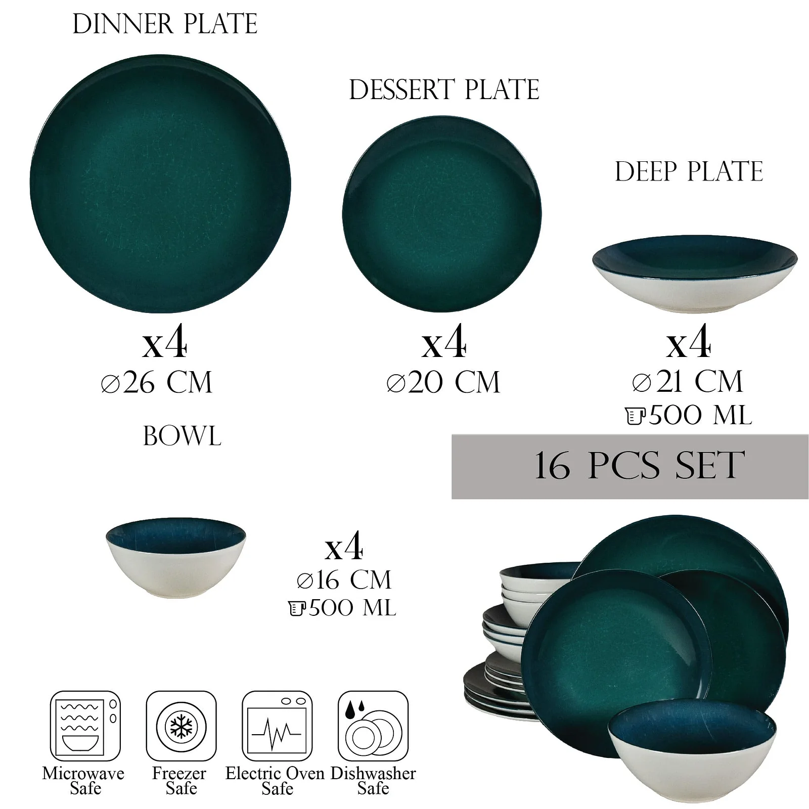 16-piece plate set, for 4 persons, Deep Water, Ivory white with dark turquoise - Master