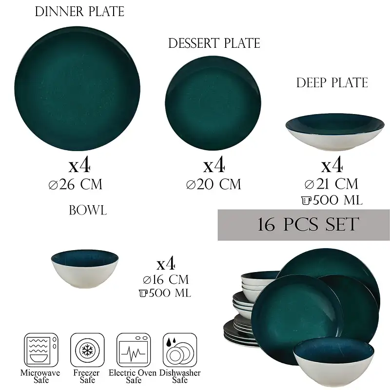 16-piece plate set, for 4 persons, Deep Water, Ivory white with dark turquoise - Master