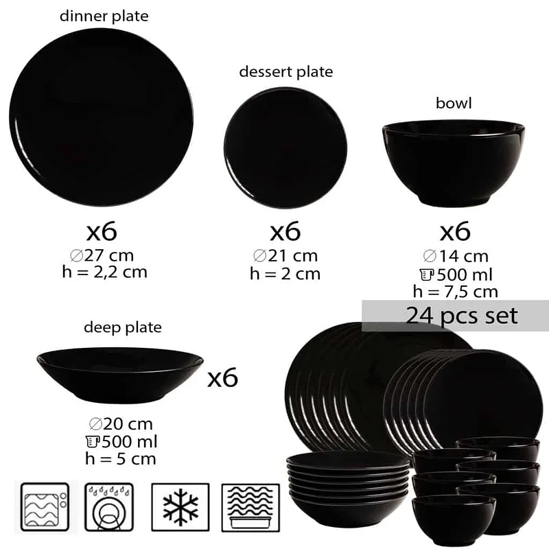 Set farfurii 24 piese, pentru 6 persoane, Abyss, Negru L. - Master
