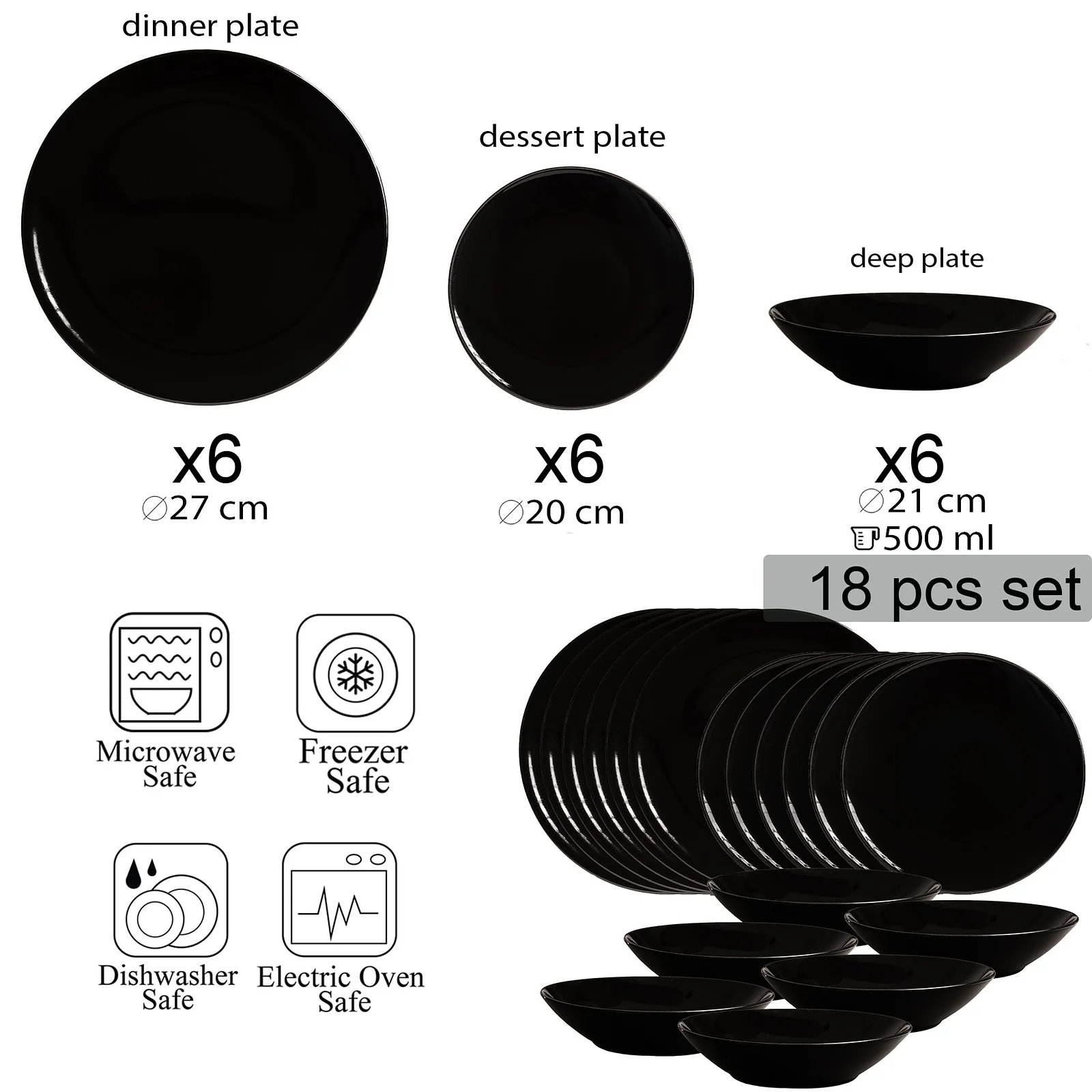 Set farfurii 18 piese, 6 persoane, Abyss, Cesiro, Negru Lucios - Master