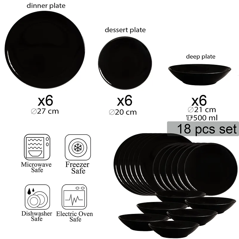 Set farfurii 18 piese, 6 persoane, Abyss, Cesiro, Negru Lucios - Master