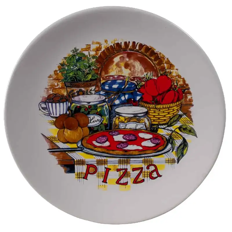 Farfurie plată cu decor pizza pe masă, 26 cm, Alb Pur - Master