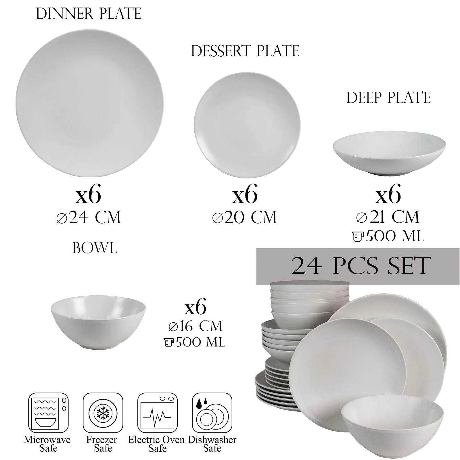 Set farfurii 24 piese, pentru 6 persoane, Snow, Cesiro, Alb Mat - Master