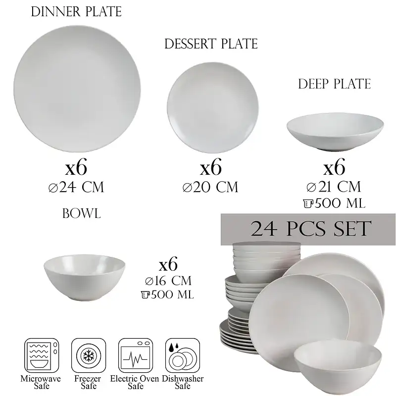 Set farfurii 24 piese, pentru 6 persoane, Snow, Cesiro, Alb Mat - Master