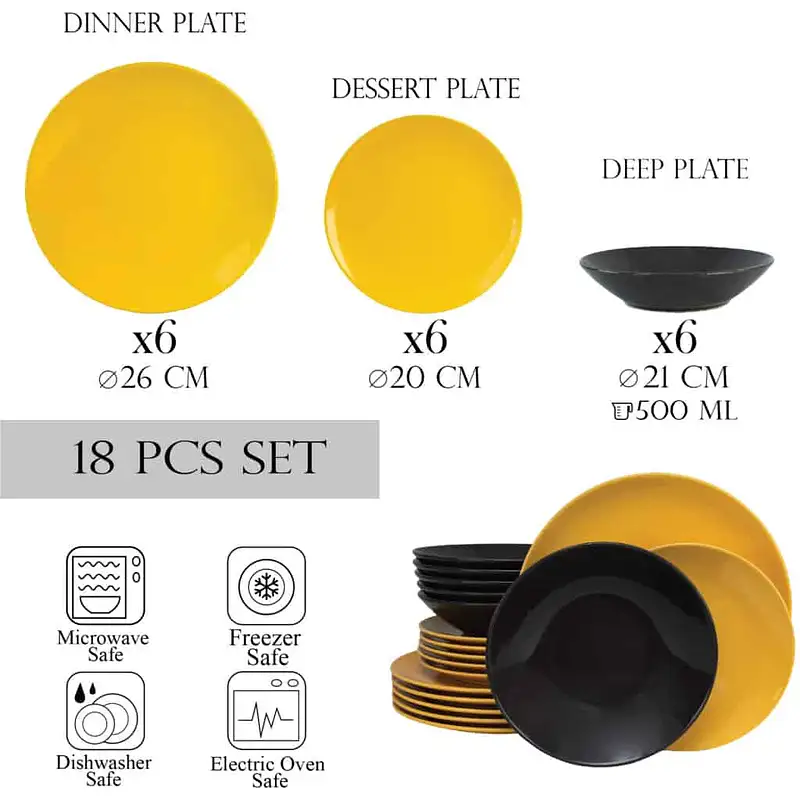 Set farfurii 18 piese, 6 persoane, Sunflower, Gri inchis/Galben - Master
