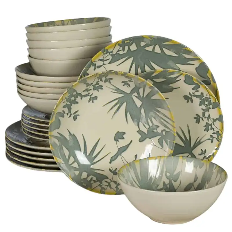 Set farfurii 24 piese, 4 persoane, Hawaii, Alb ivoire, frunze gri - Master