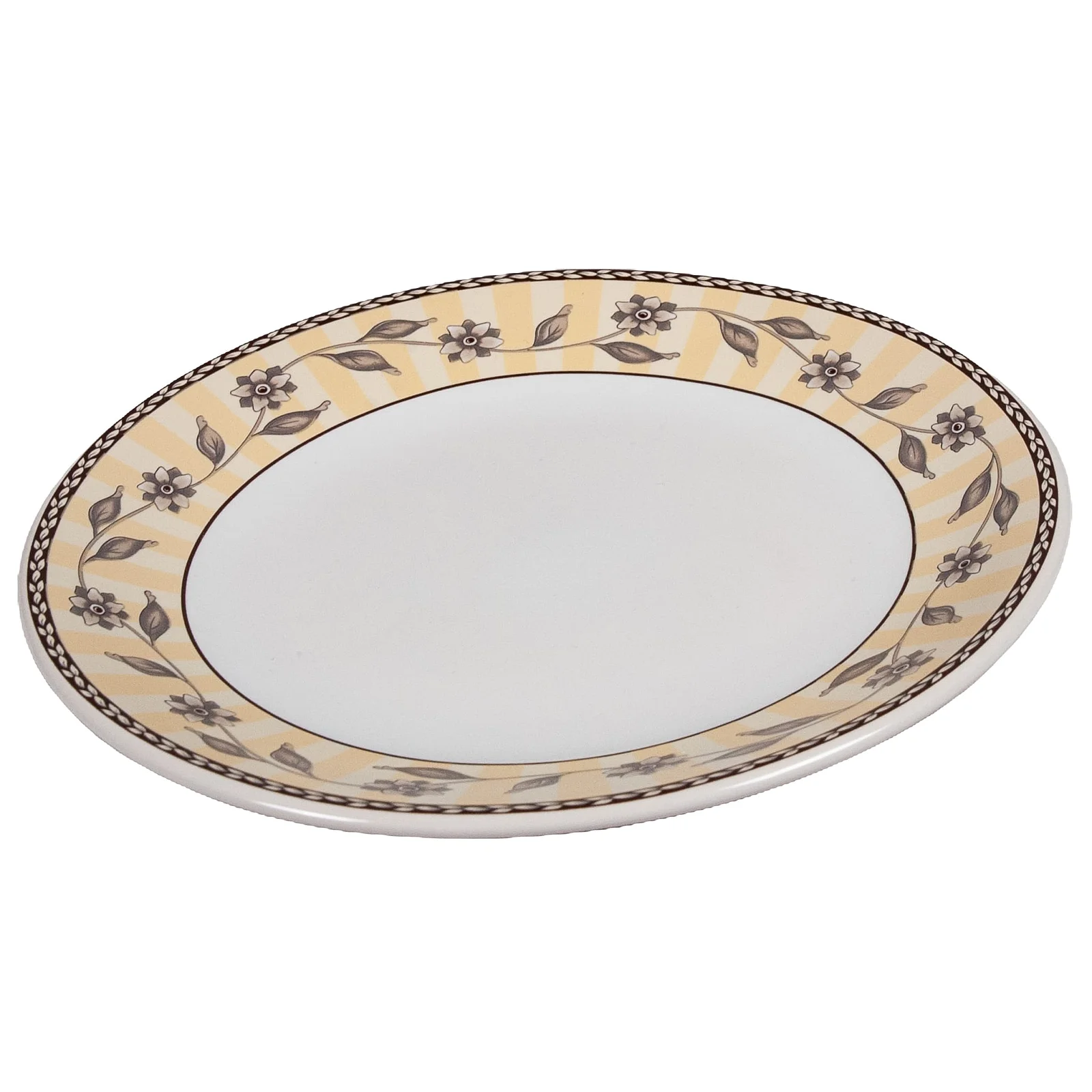 Farfurie de desert cu frunze si flori, 19,5 cm, Alb Pur, Banda Maro - Master
