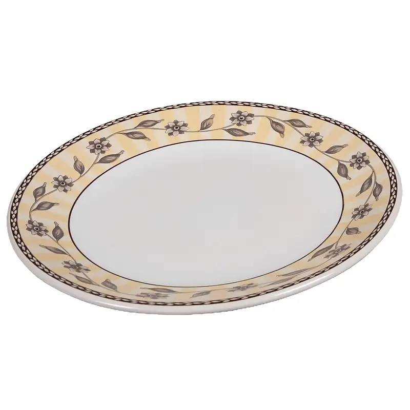 Farfurie de desert cu frunze si flori, 19,5 cm, Alb Pur, Banda Maro - Master