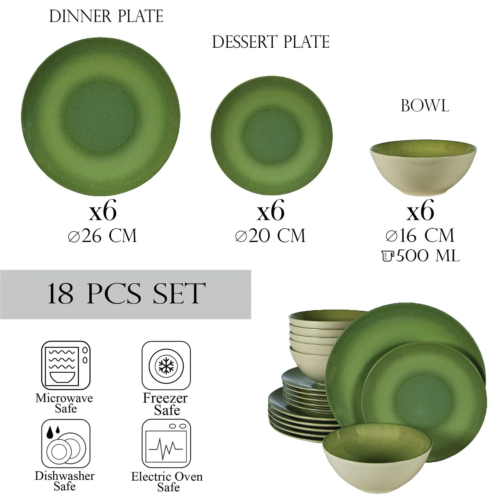 Set farfurii 18 piese, 6 persoane, Kiwi White Ivoire lucios cu verde - Master