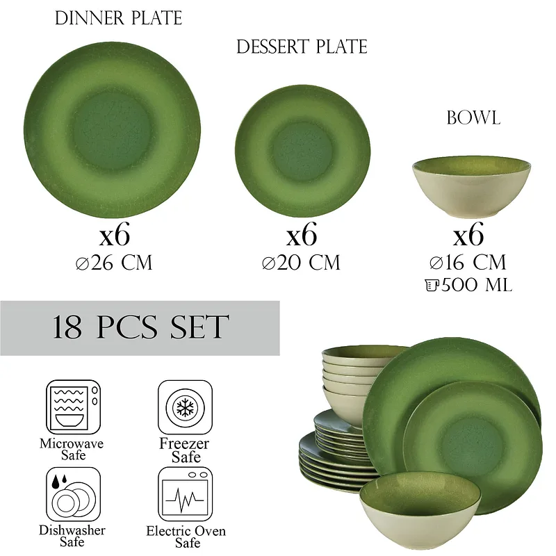 18-teiliges Teller-Set, 6 Personen, Kiwi White Ivoire glänzend mit Grün - Master