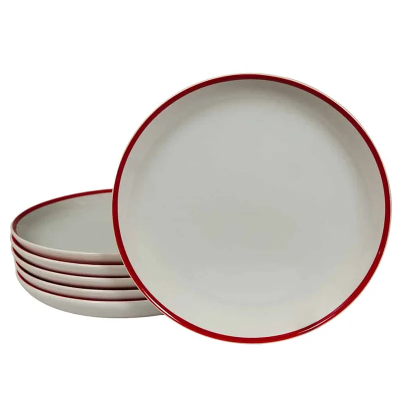 Set of 6 dessert plates, Pure White with Red Line on edge, 20 cm - Master