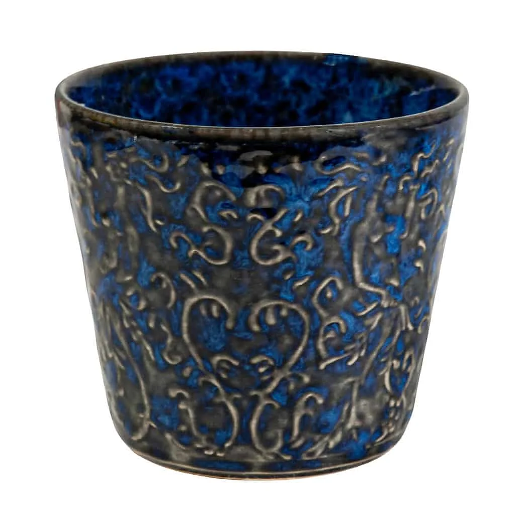 Reactive dark blue flower pot with Aztec elements, 10 cm - Master