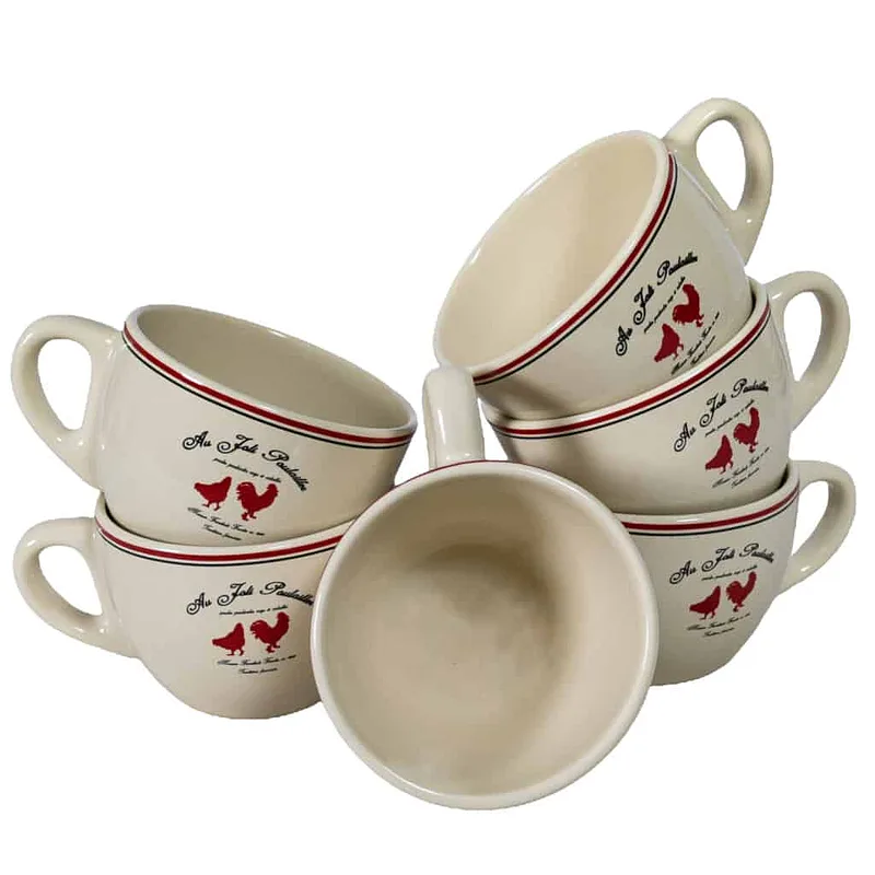 Set 6 Kaffeetassen Crem Ivoire mit Dekor rote Hühner, 160 ml - Master