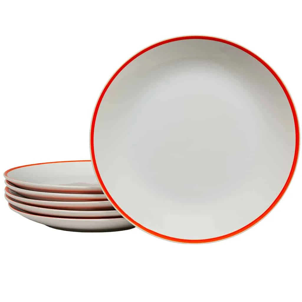 Set 6 flache Teller Pure White mit orangefarbener Linie am Rand - Master