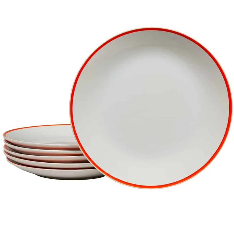 Set 6 flache Teller Pure White mit orangefarbener Linie am Rand - Master