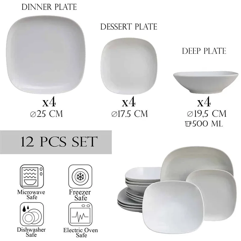 Set farfurii 12 piese, 4 persoane, Ice, Cesiro, Portelan, Alb - Master