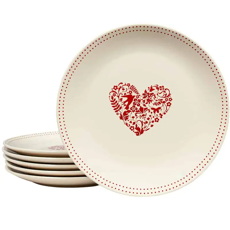 Set 6 flache Teller mit rotem Herzdekor, 26 cm, Creme - Master