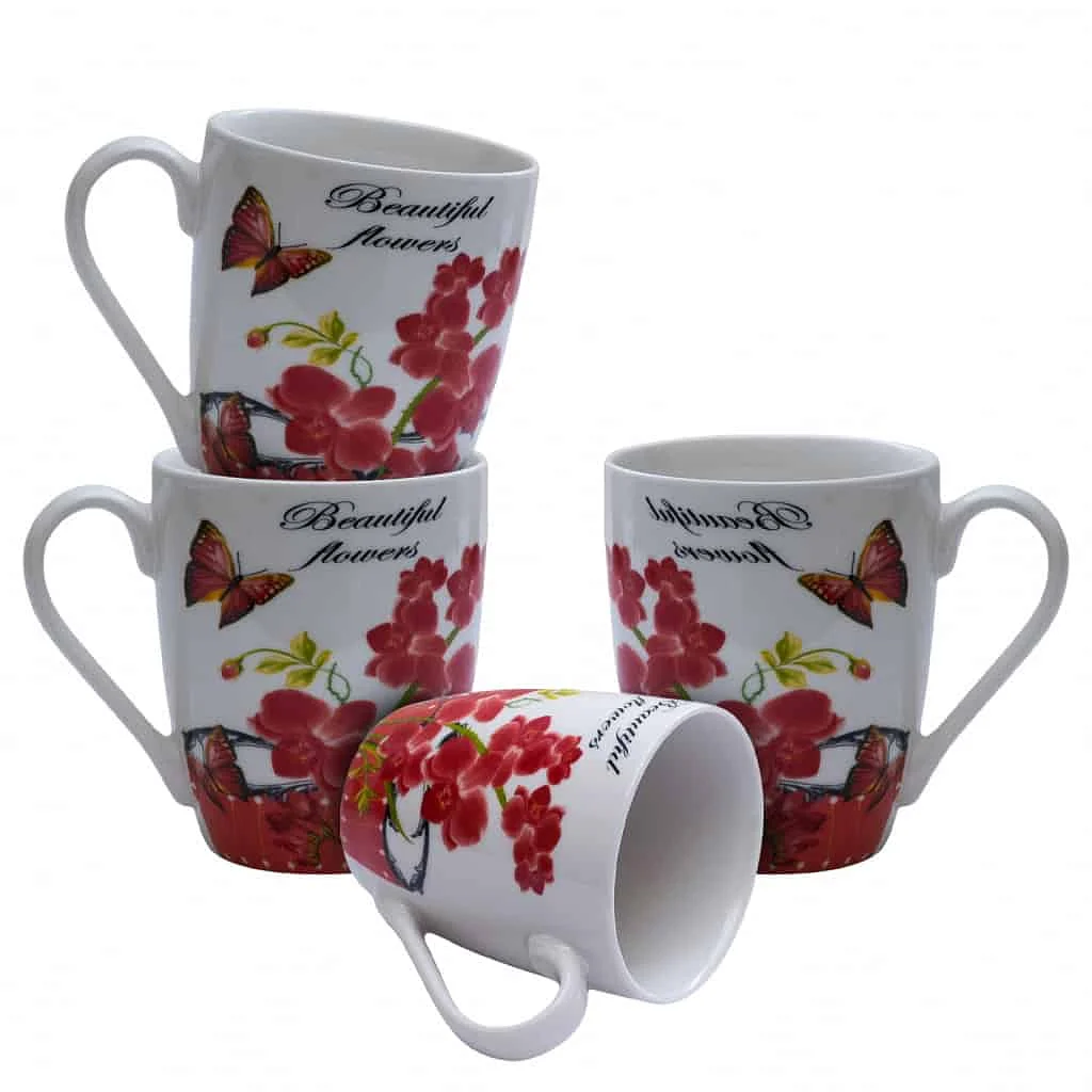 Set of 4 White cups with red flowers 310 ml - Master