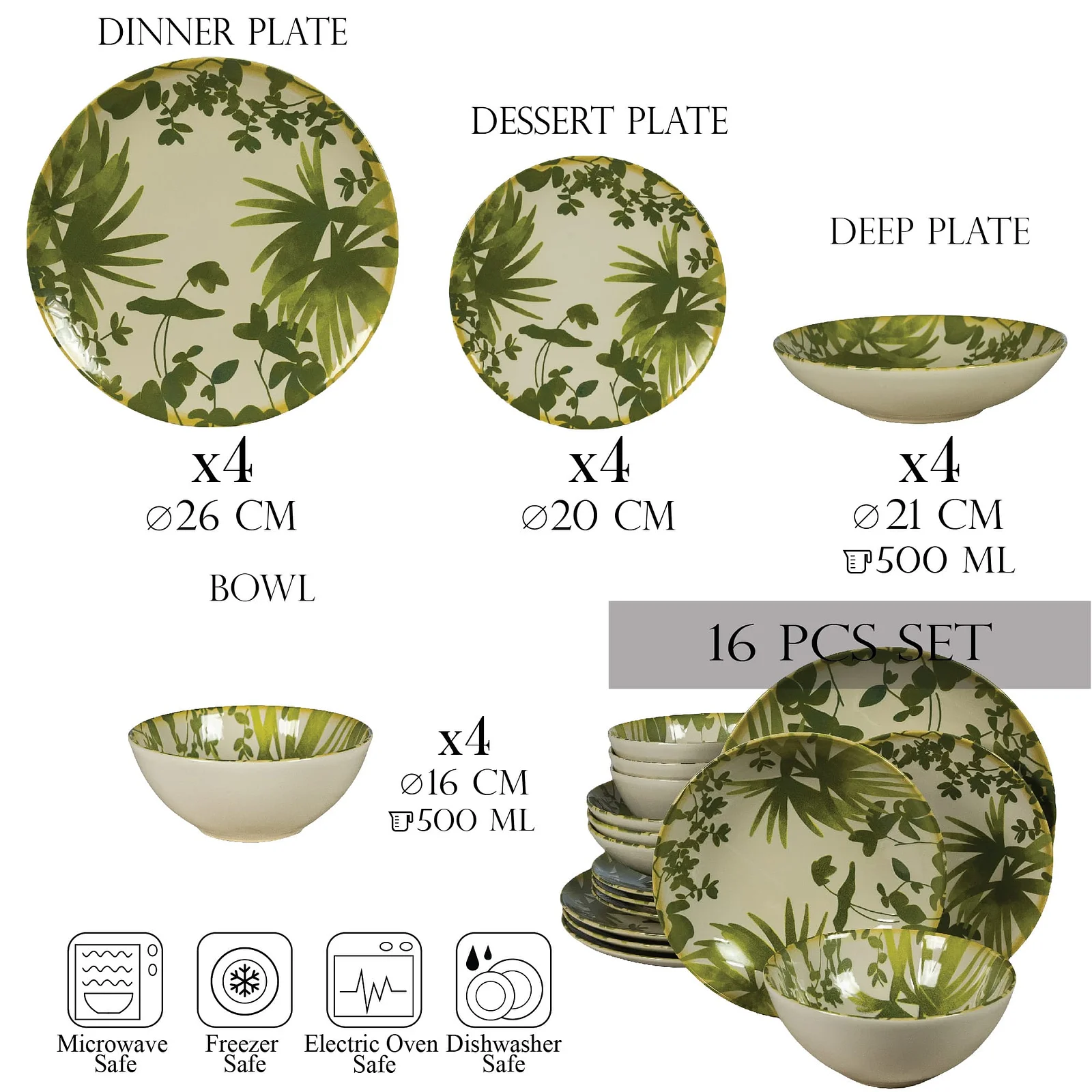 Set farfurii 16 piese, 4 persoane, Hawaii, Alb ivoire, frunze verzi - Master