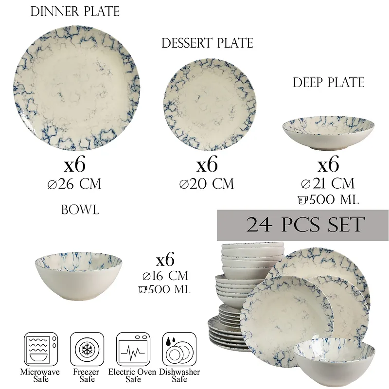 Set farfurii 24 piese, 6 persoane, Marble, Alb Ivoire cu albastru - Master