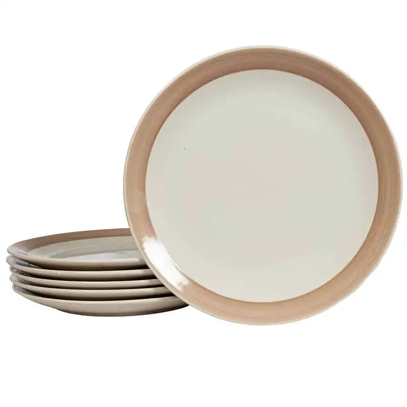 Set of 6 flat plates, 26 cm, Pure White with light brown band - Master